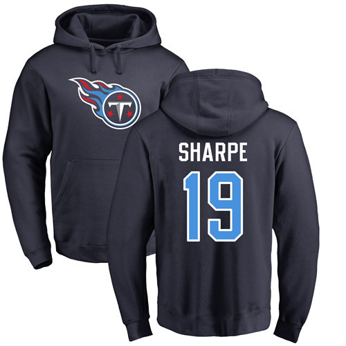 Tennessee Titans Men Navy Blue Tajae Sharpe Name and Number Logo NFL Football #19 Pullover Hoodie Sweatshirts